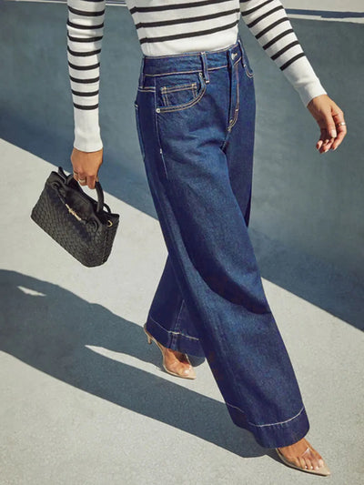 Klassische blaue High-Rise-Jeans mit weitem Bein für Damen