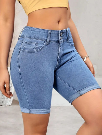 Blaue elastische zweireihige Fashion-Shorts