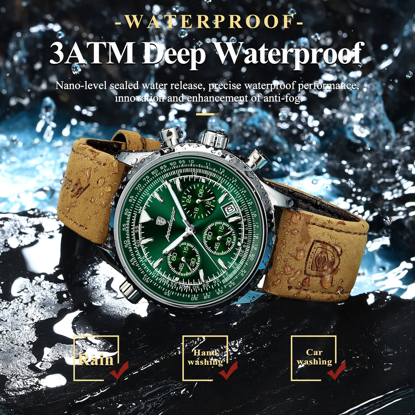 POEDAGAR Luxus Herrenuhr Quarz Wasserdicht