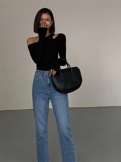 Mode Schrägkragen Off-Shoulder Langarm