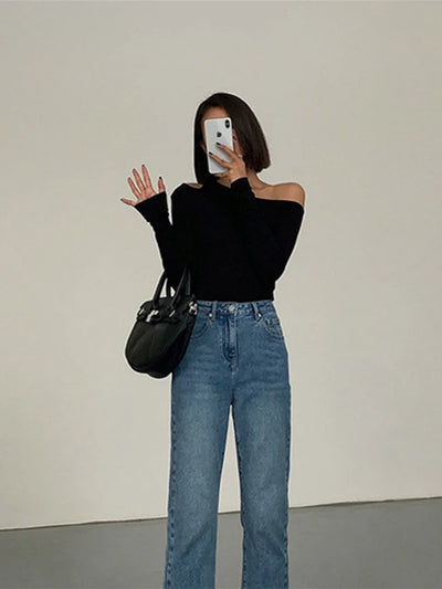 Mode Schrägkragen Off-Shoulder Langarm
