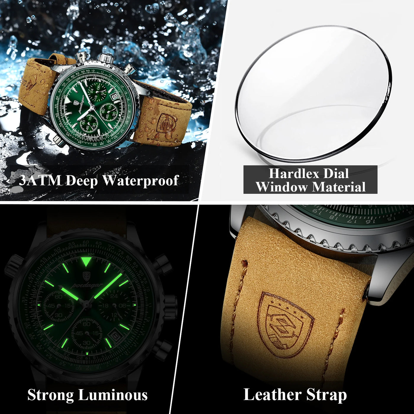 POEDAGAR Luxus Herrenuhr Quarz Wasserdicht
