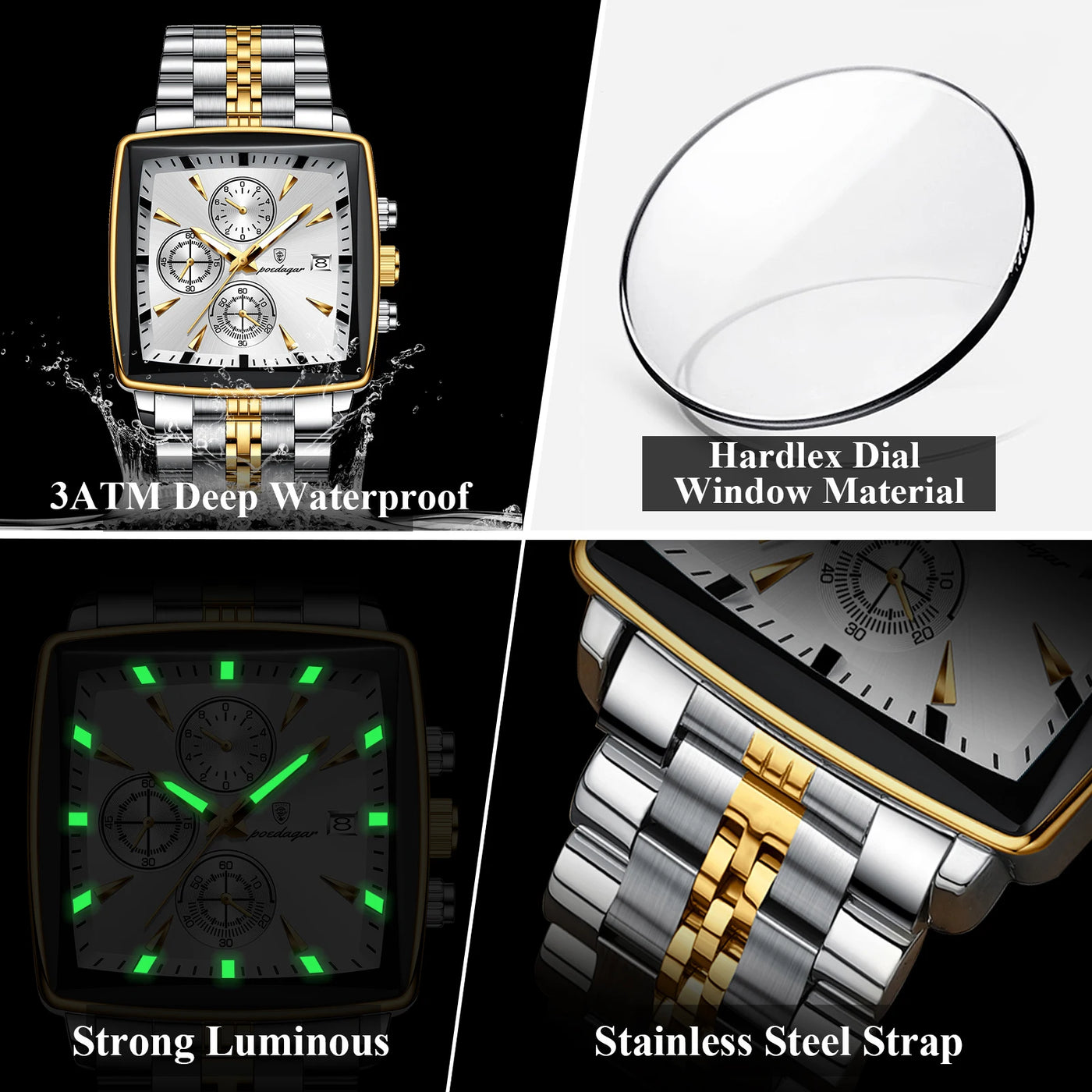POEDAGAR Luxus-Quadrat-Sport-Herren-Armbanduhr