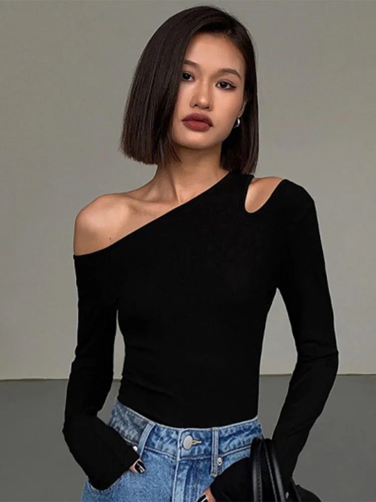 Mode Schrägkragen Off-Shoulder Langarm