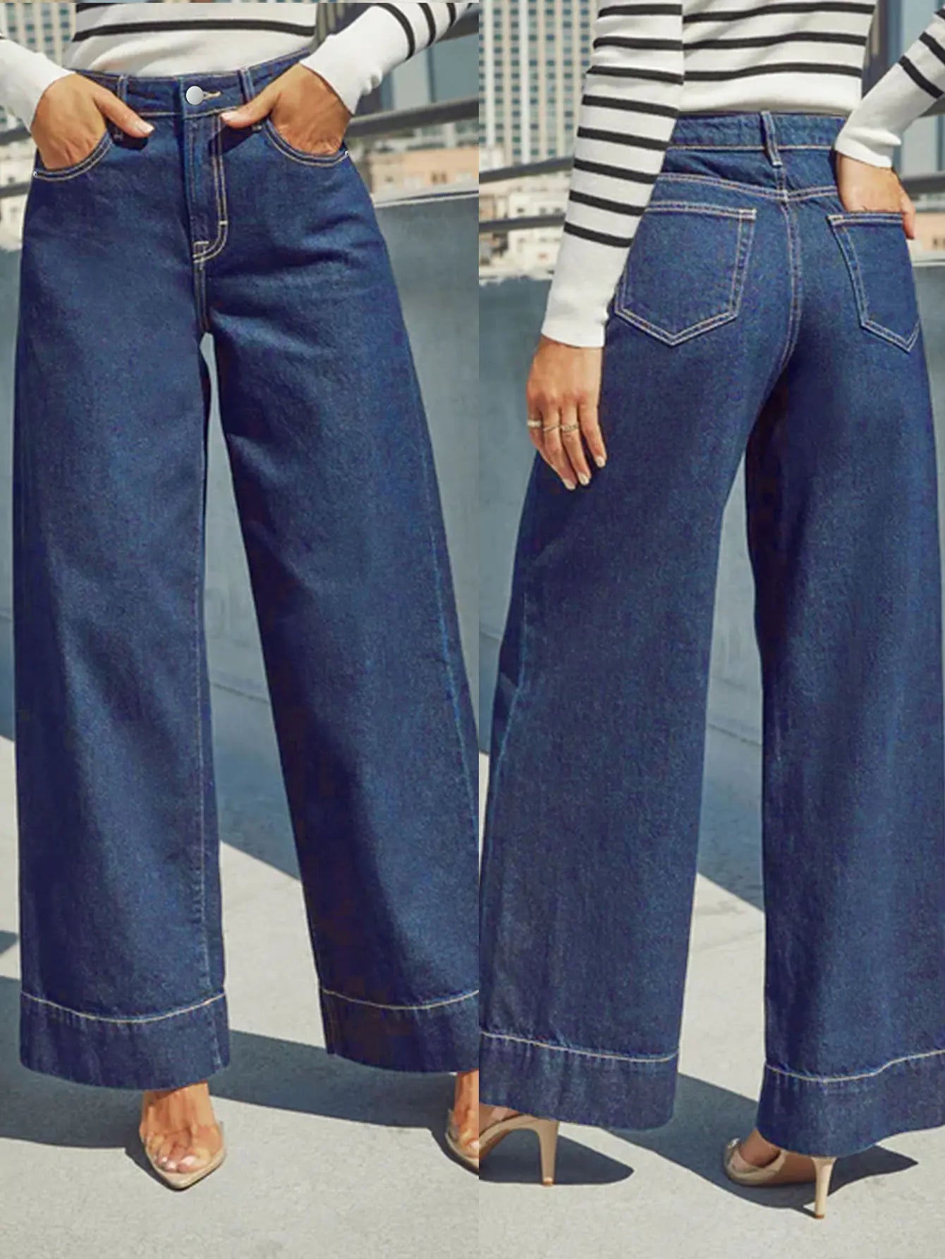 Klassische blaue High-Rise-Jeans mit weitem Bein für Damen
