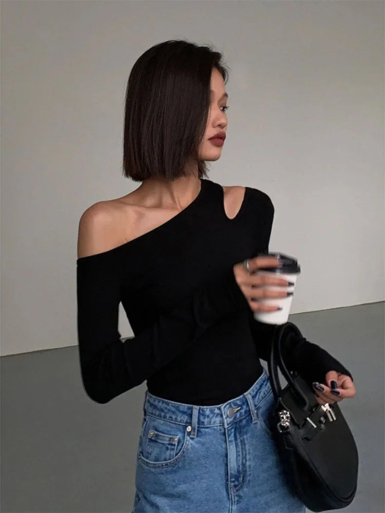 Mode Schrägkragen Off-Shoulder Langarm