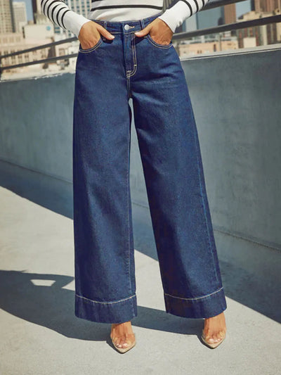 Klassische blaue High-Rise-Jeans mit weitem Bein für Damen