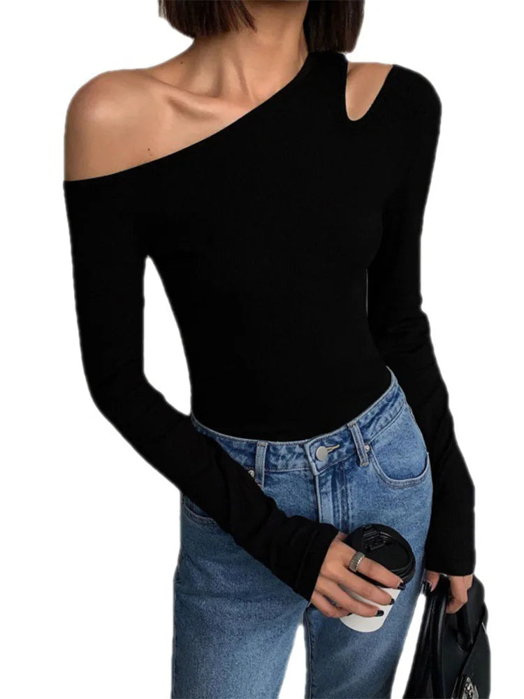 Mode Schrägkragen Off-Shoulder Langarm