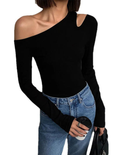 Mode Schrägkragen Off-Shoulder Langarm