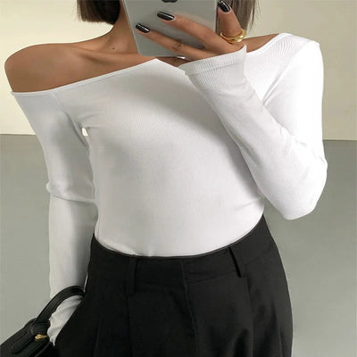 Mode Schrägkragen Off-Shoulder Langarm